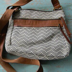 FOSSIL CREAM WOVEN CROSSBODY BAG BROWN LEATHER TRIM DOUBLE ZIP